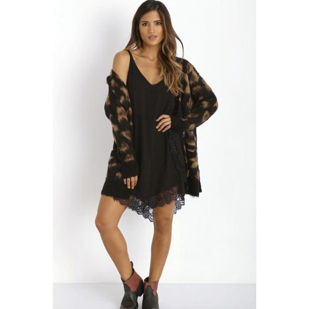 Free People Out of Africa Black and Tan Wildcat Print Cardigan - Size - XS